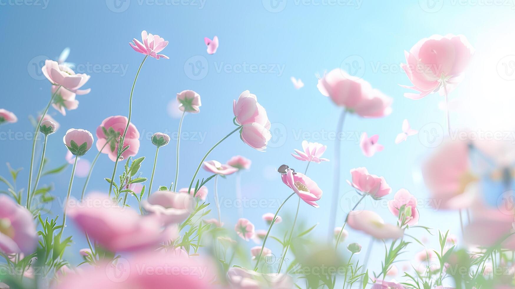 Pink flowers and butterflies in the sky photo