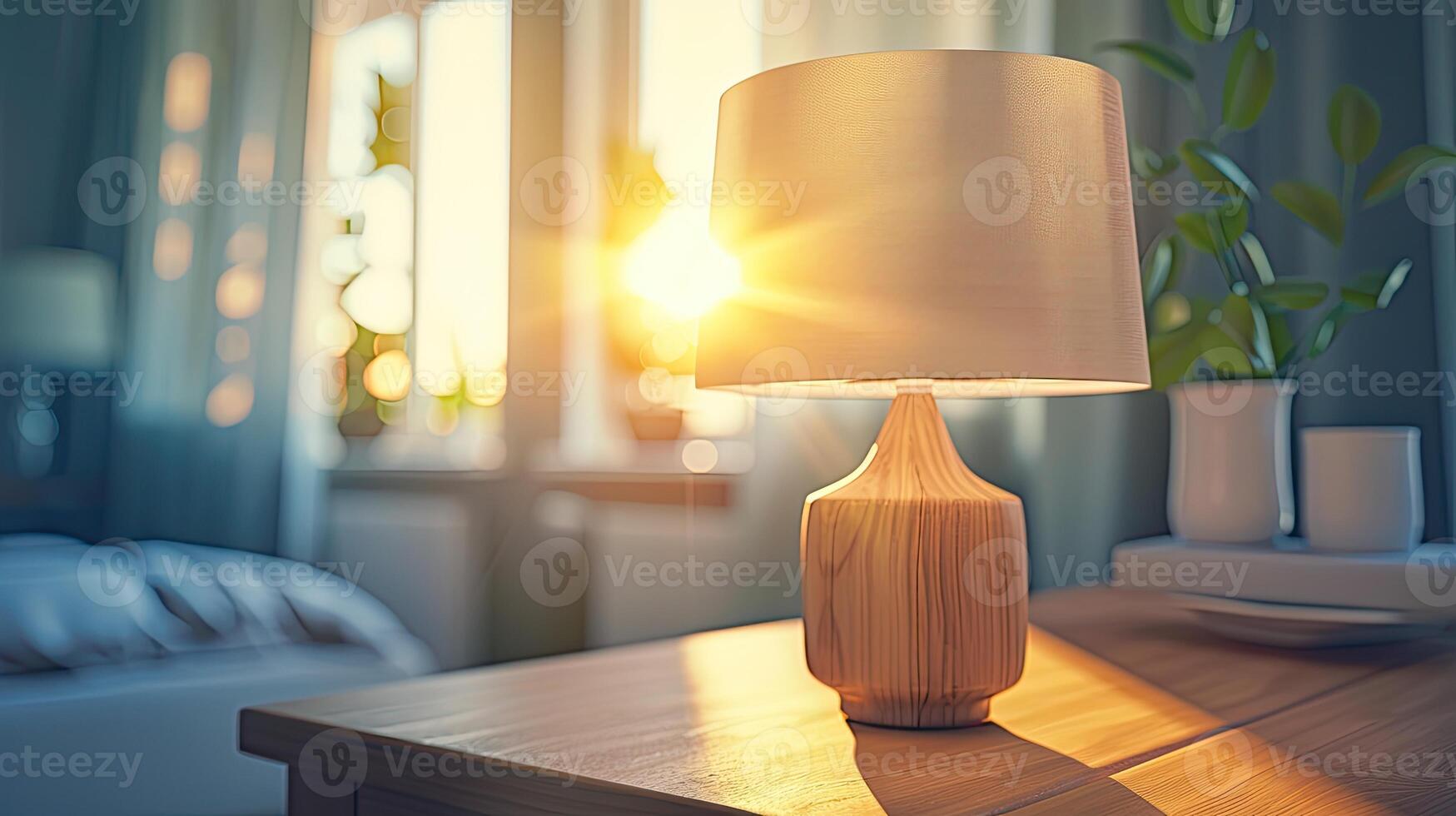 A lamp on a table in front of a window photo