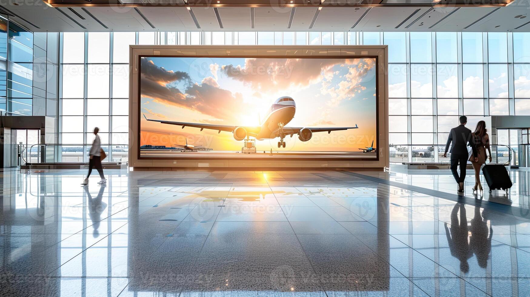A large screen in an airport with people walking by photo