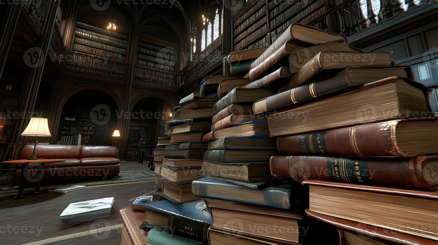 A pile of books in a library photo