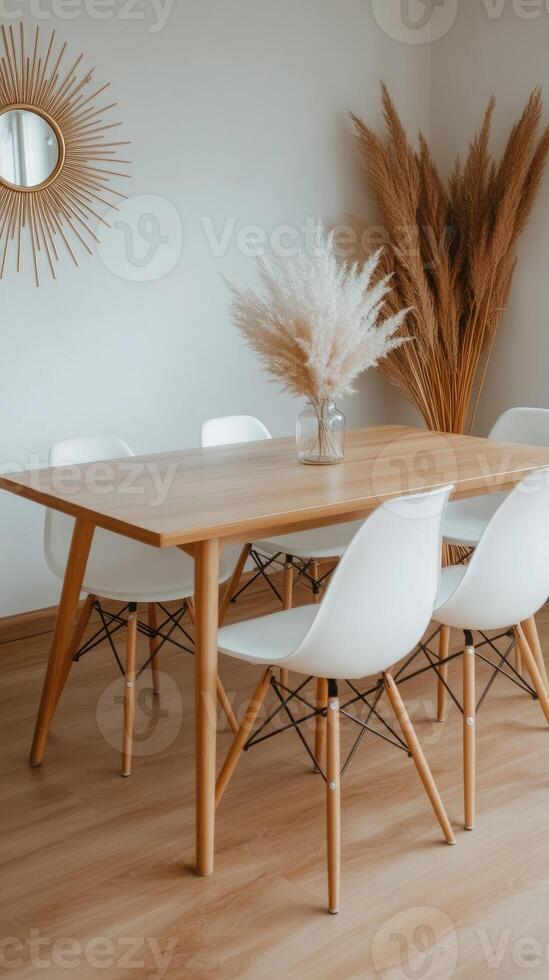 A dining table with white chairs and a mirror photo