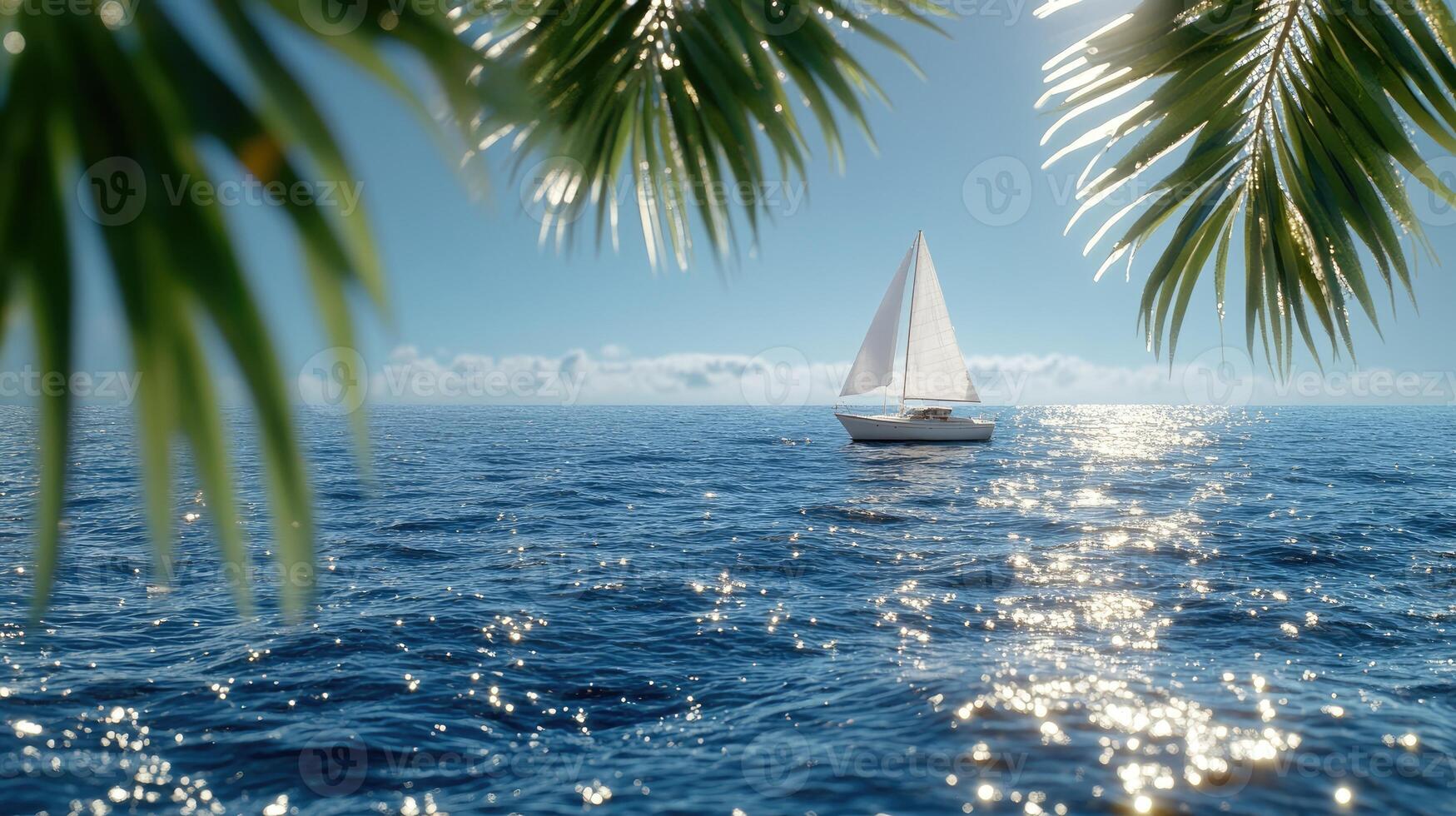 A sailboat is sailing in the ocean near palm trees photo