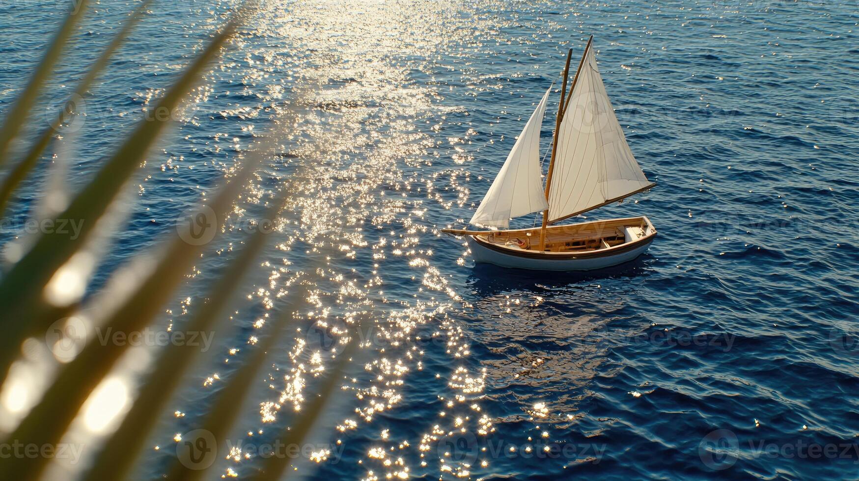 A sailboat floating in the ocean near palm trees photo
