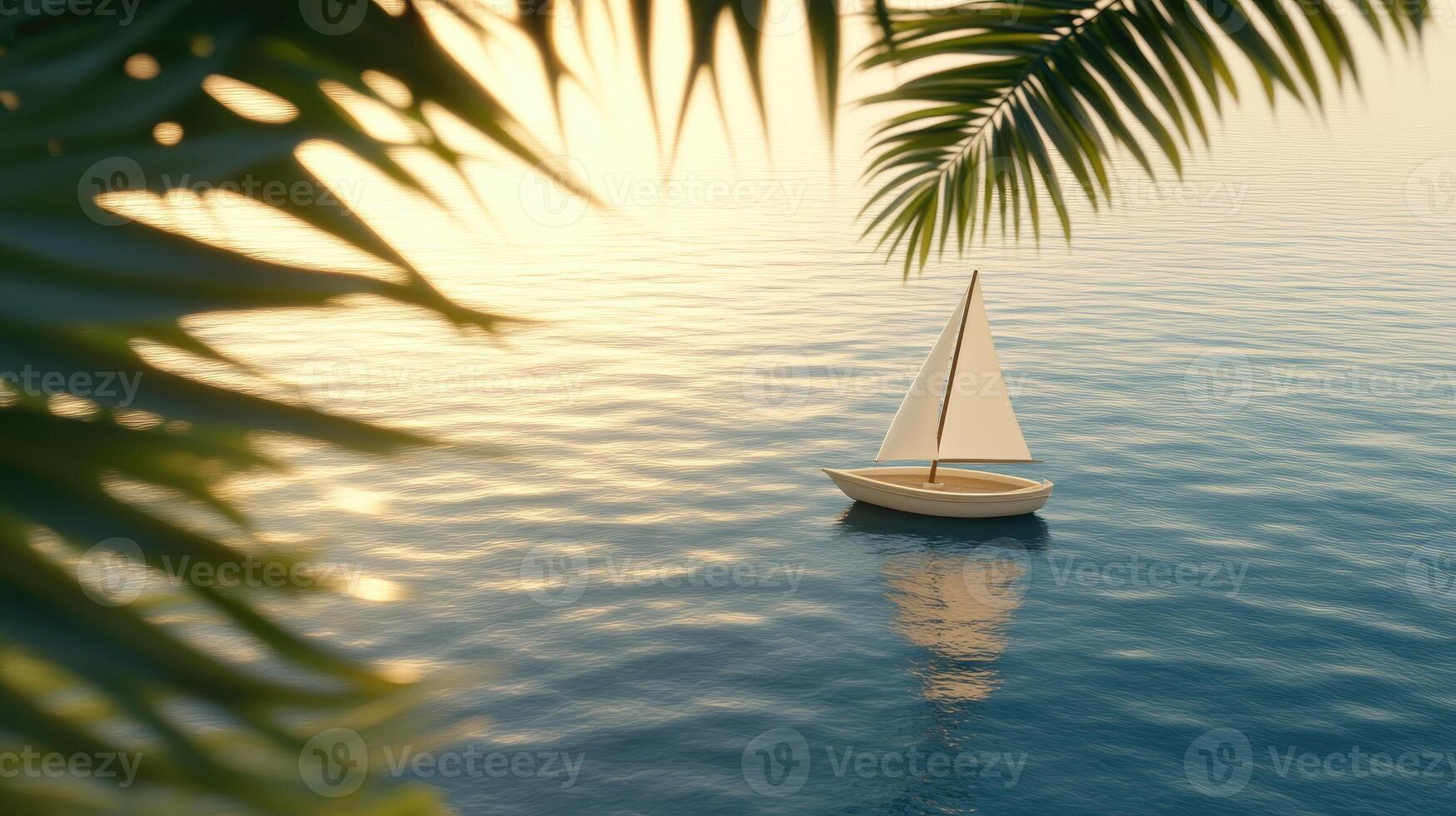 A sailboat floating in the ocean near palm trees photo