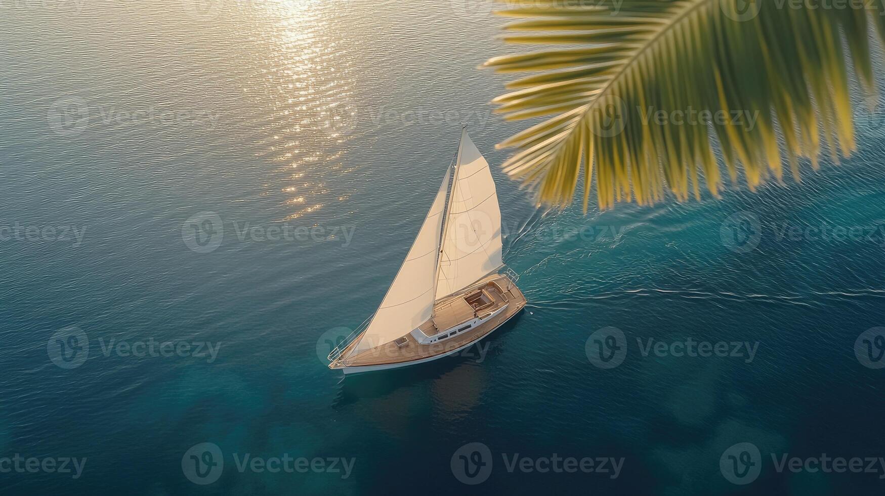 A sailboat is sailing in the ocean near palm trees photo