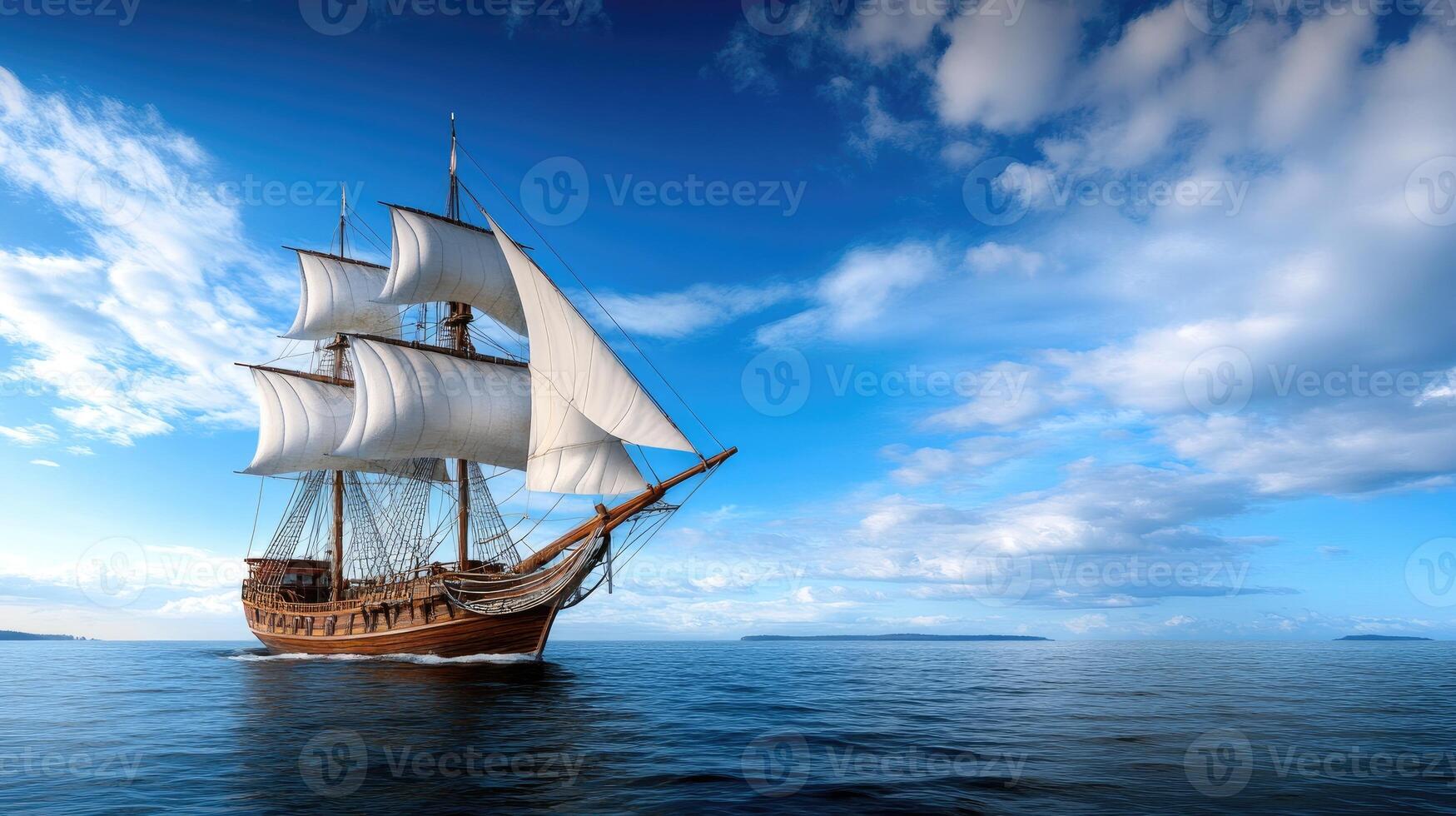 A sailing ship in the ocean with a blue sky photo