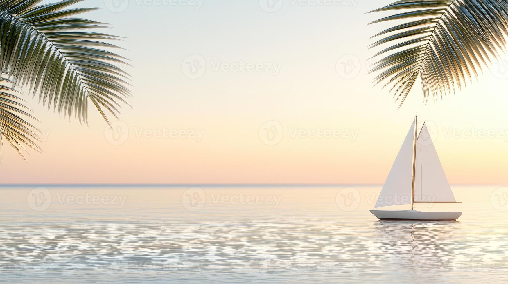 A sailboat is floating in the ocean near palm trees photo
