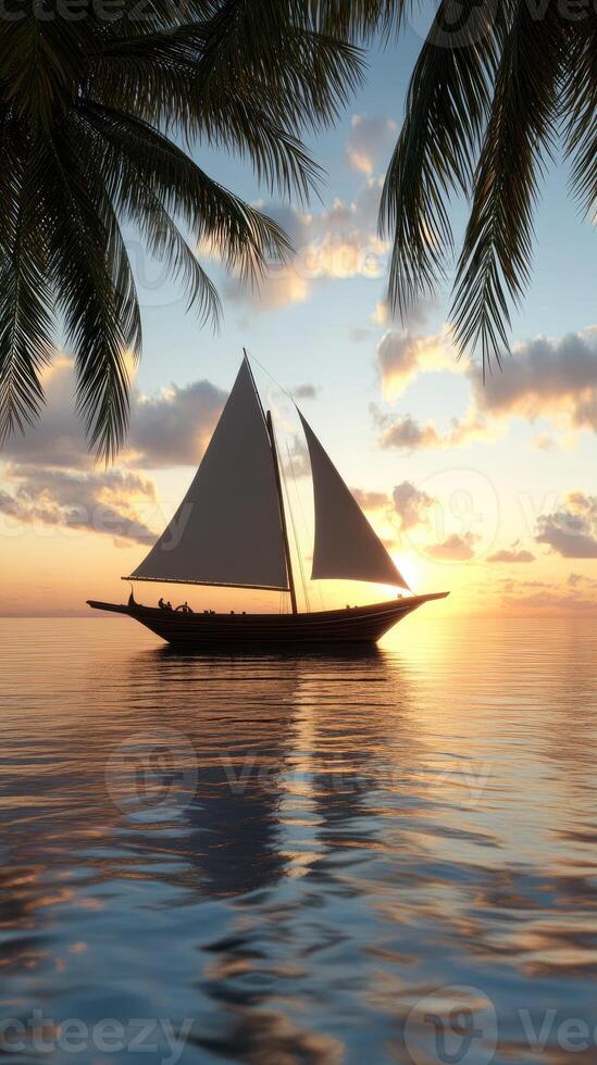 A sailboat in the ocean with palm trees photo