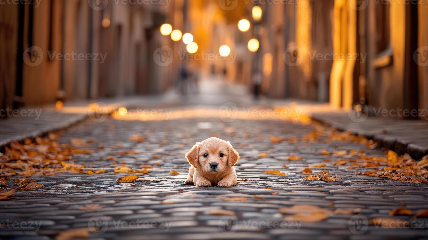 A puppy is sitting on the cobblestone street in the fall photo