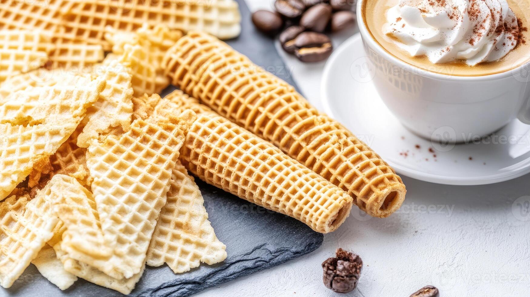 Coffee and waffles on a white table photo