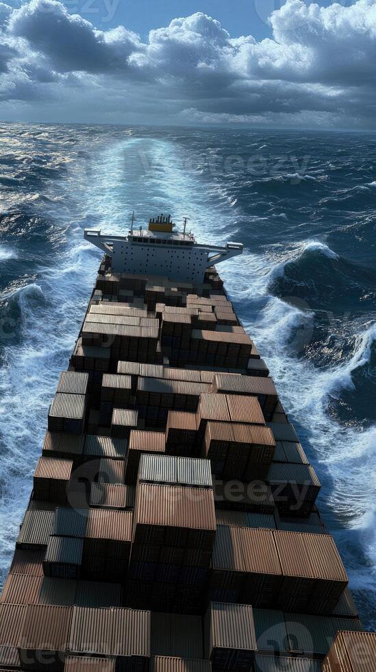 A cargo ship in the ocean with waves photo