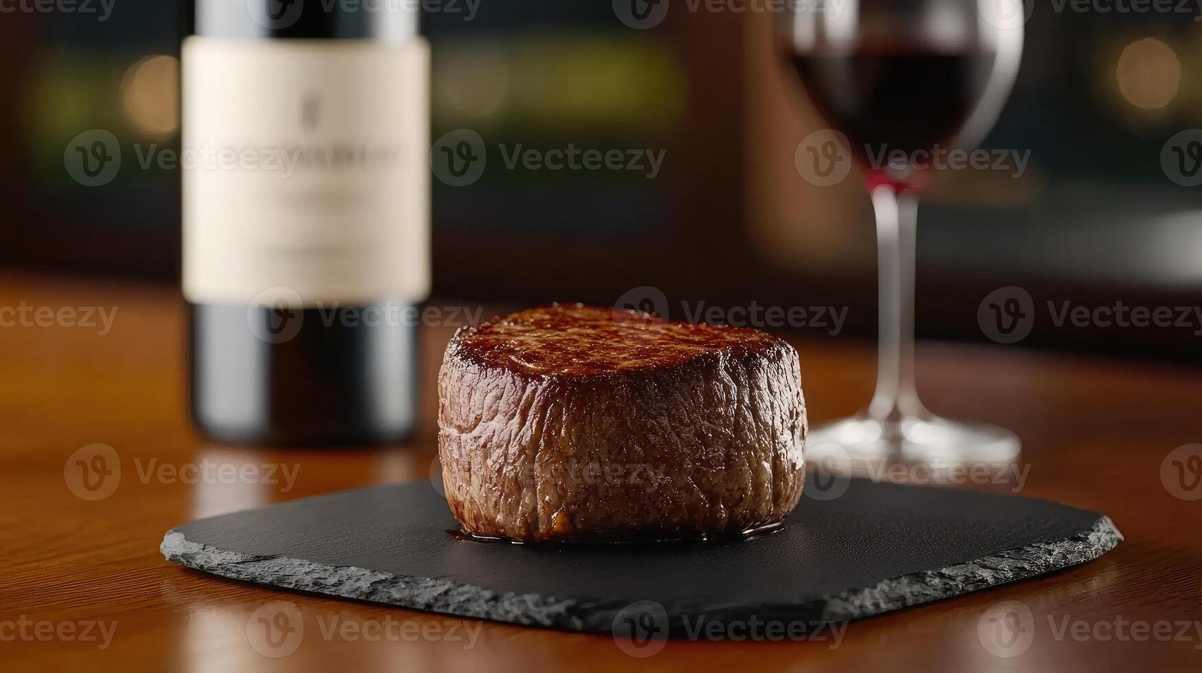 A steak sitting on a black slate with a glass of wine photo