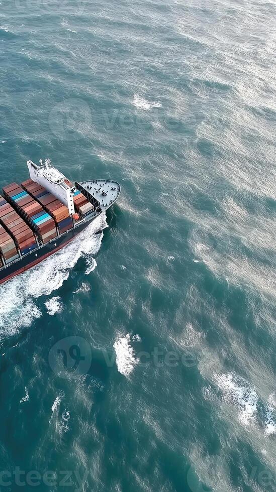 An aerial view of a container ship traveling through the ocean photo