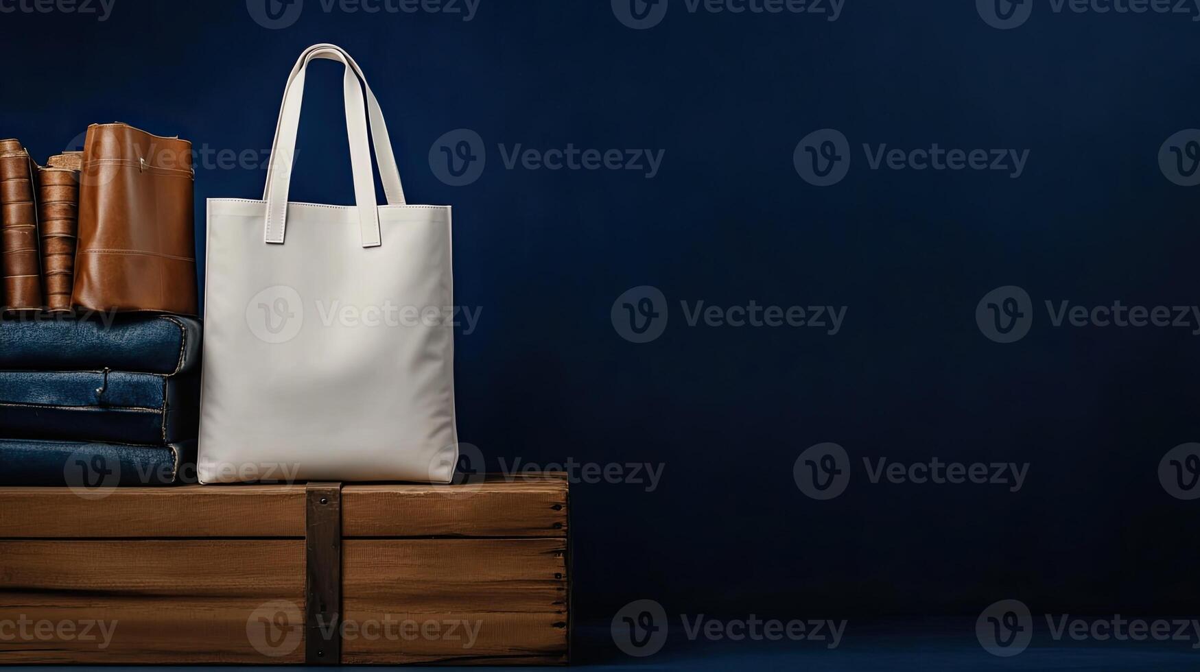 White leather tote bag on wooden bookshelf with blue background photo