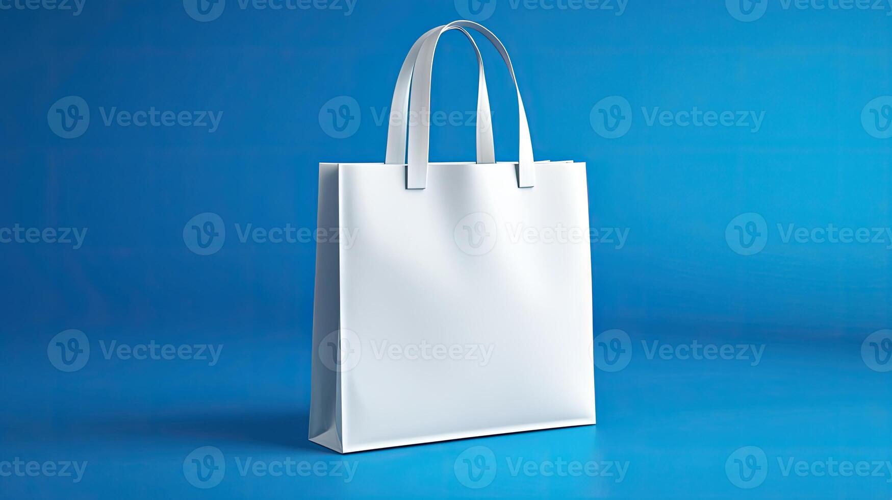 White paper bag mockup on blue background photo
