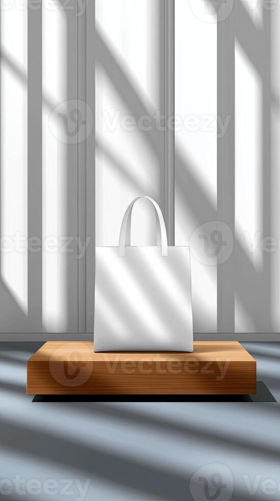 White bag on wooden shelf in front of window photo
