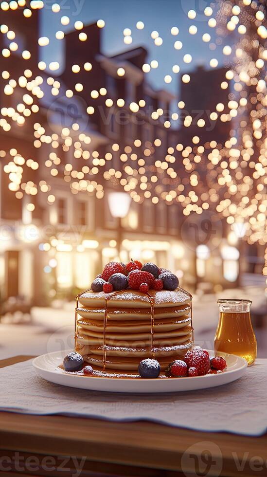 A plate of pancakes with berries and syrup on it photo