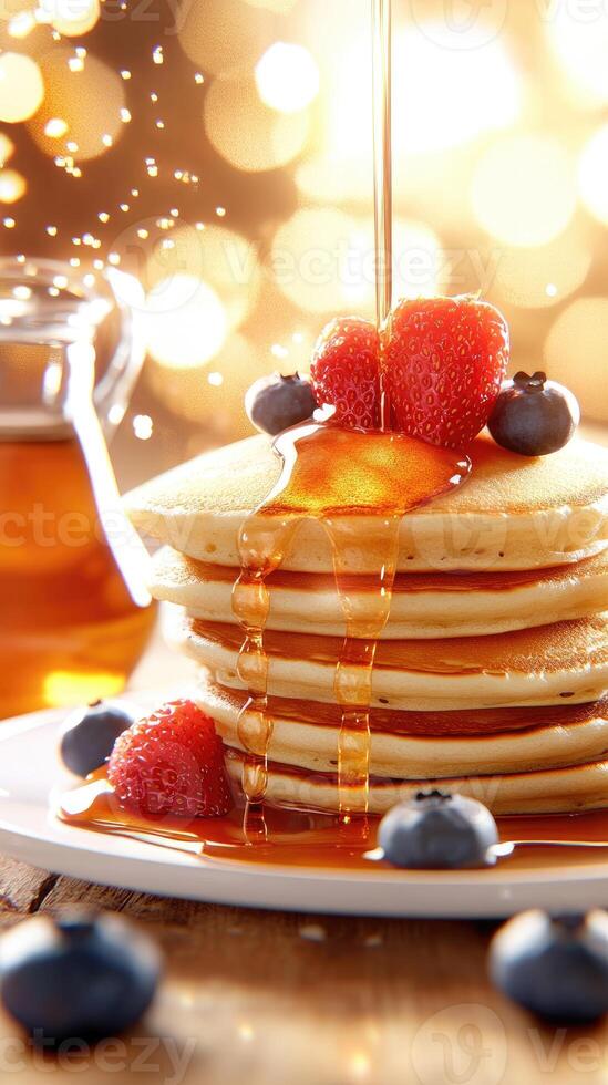 A stack of pancakes with syrup and berries photo