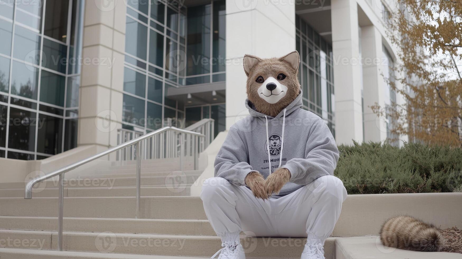 A man wearing a dog costume sits on the steps of a building photo