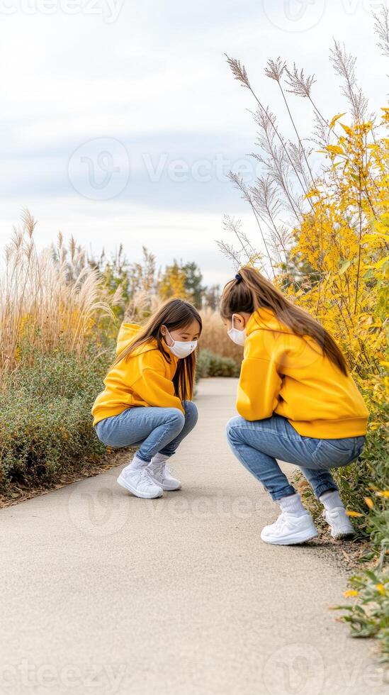 Two girls crouching down on the ground in front of a yellow bush photo