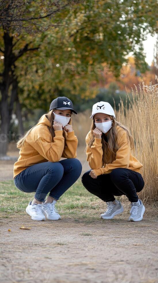 Two girls wearing face masks in a park photo
