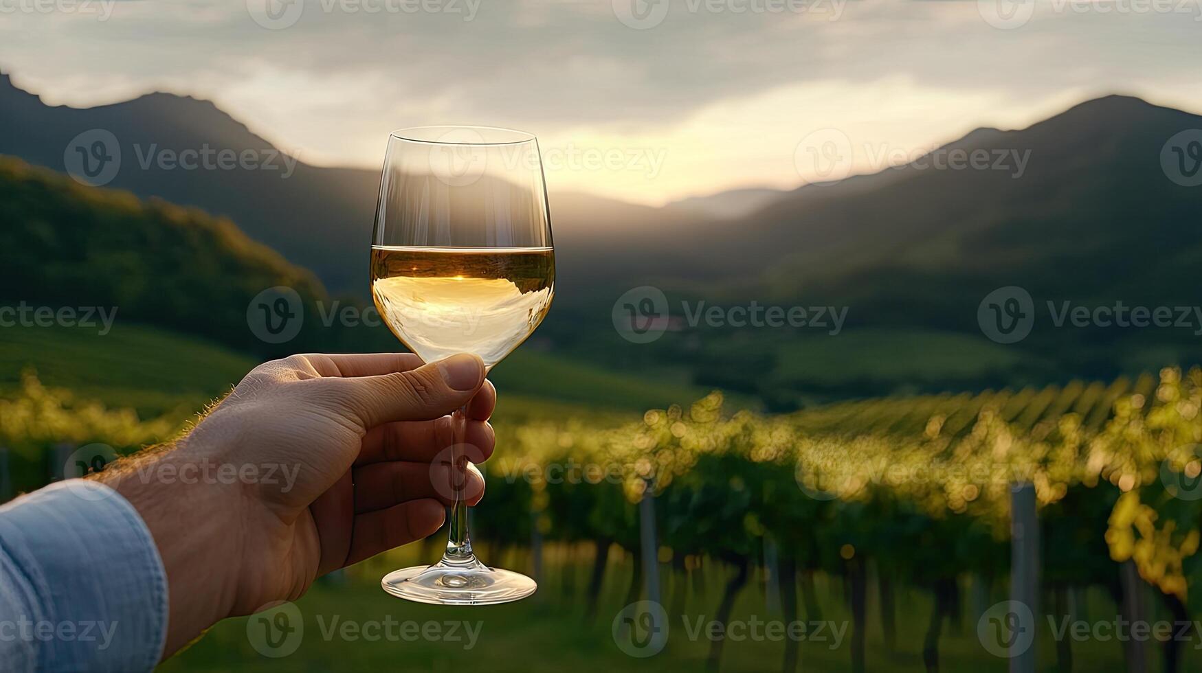 A person holding a glass of wine in front of a vineyard photo