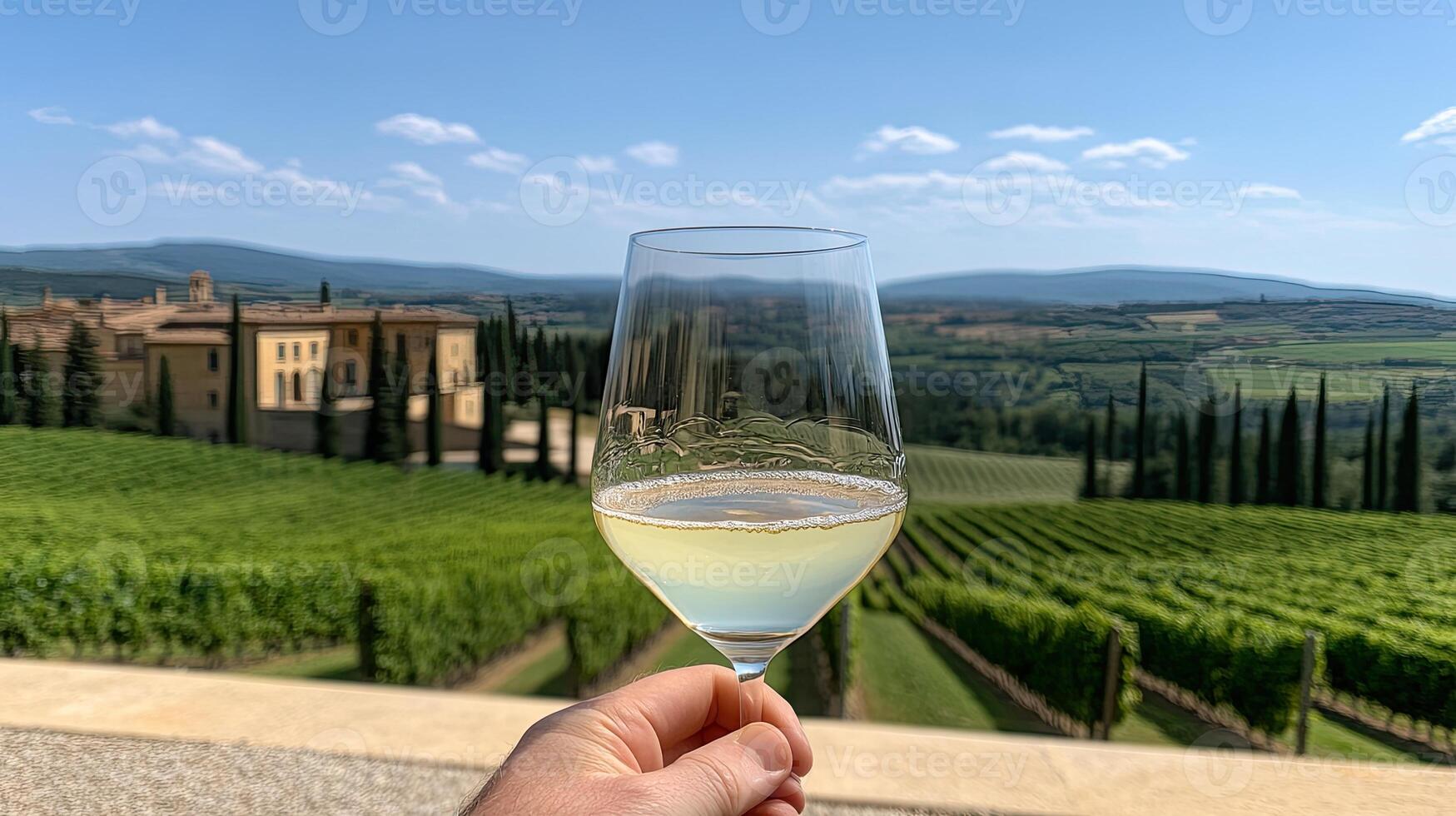 A person holding a glass of wine in front of a vineyard photo