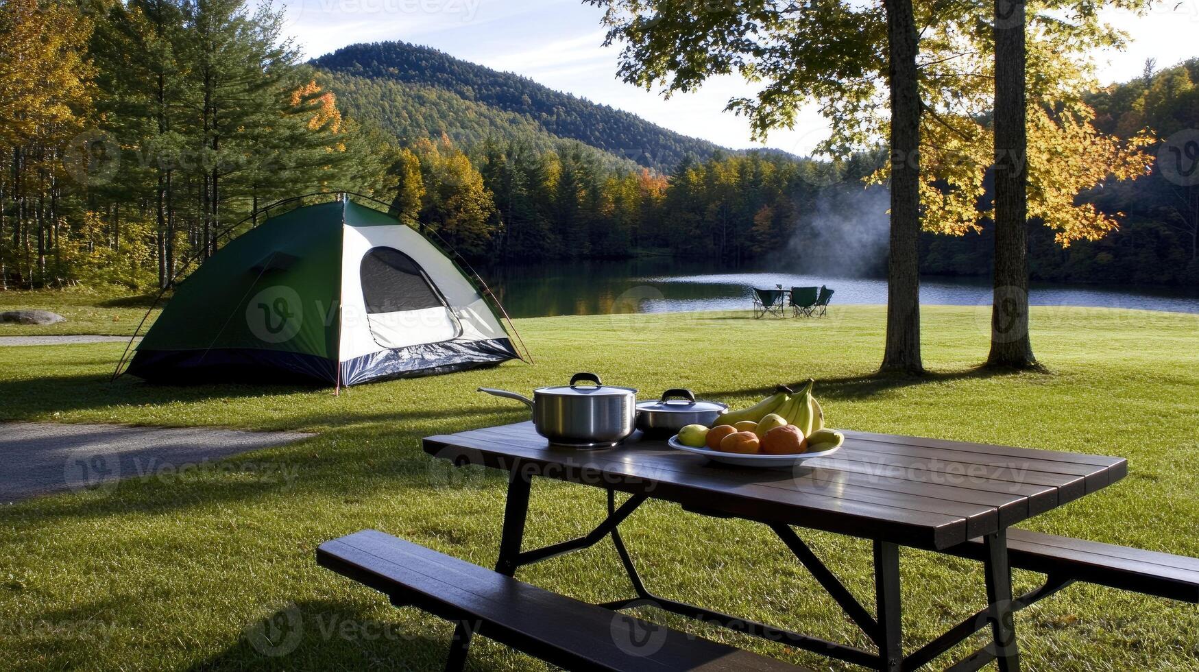 A picnic table and tent near a lake photo