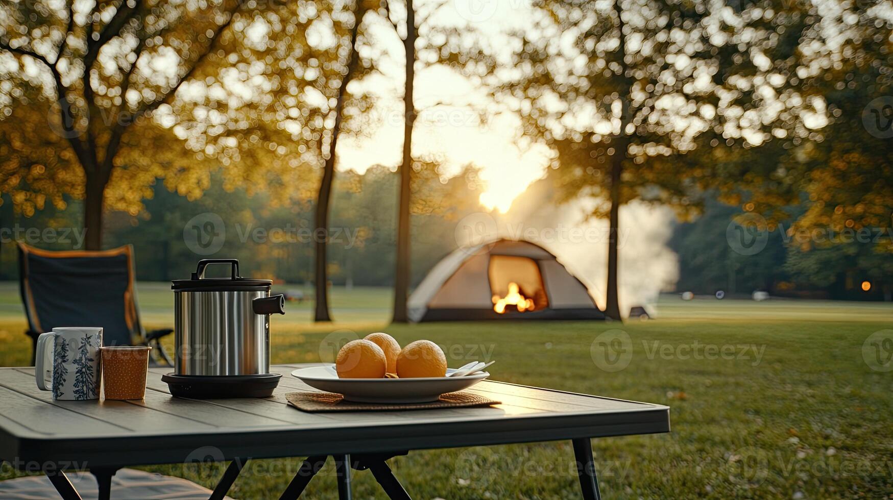 A table with a plate of food and a cup of coffee photo