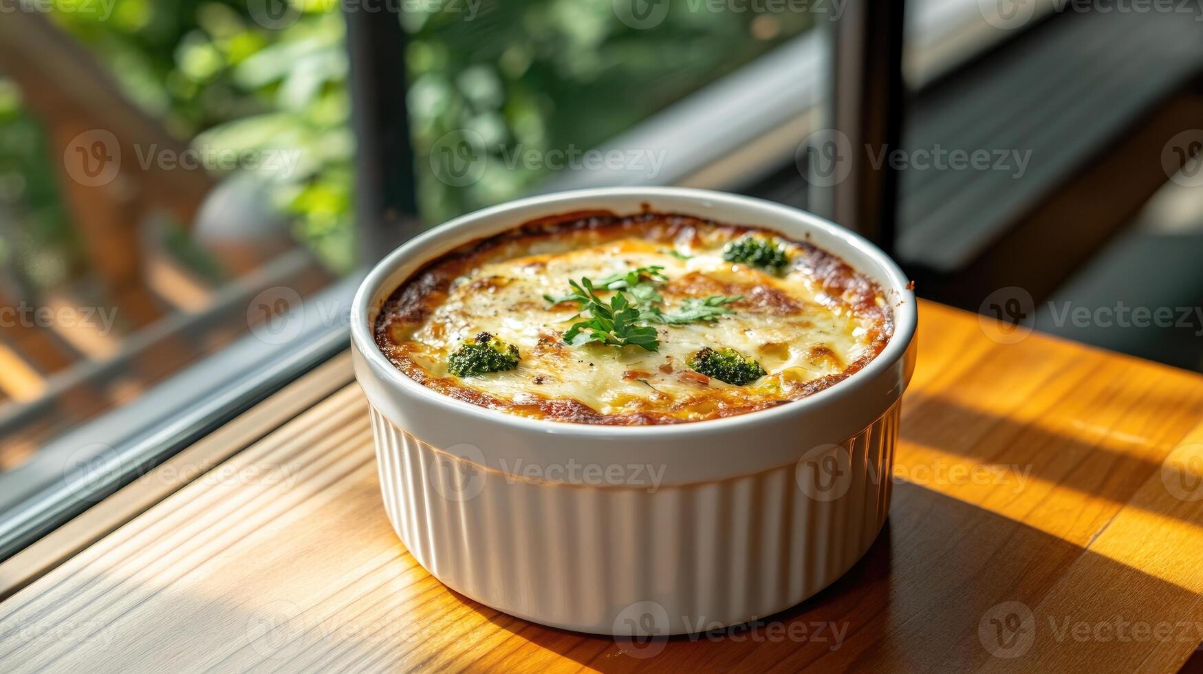 A white bowl with a dish of food on it photo