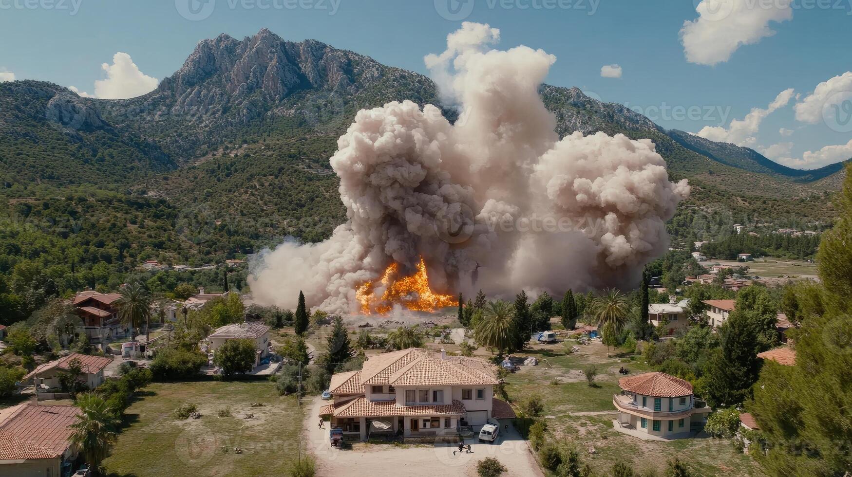A large explosion is seen in the middle of a village photo