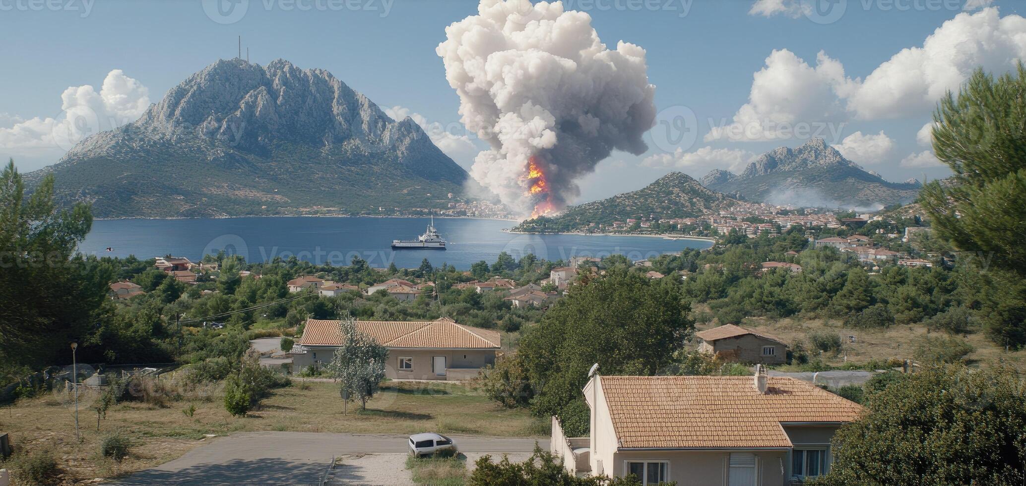 A volcano erupting over a town with houses and trees photo
