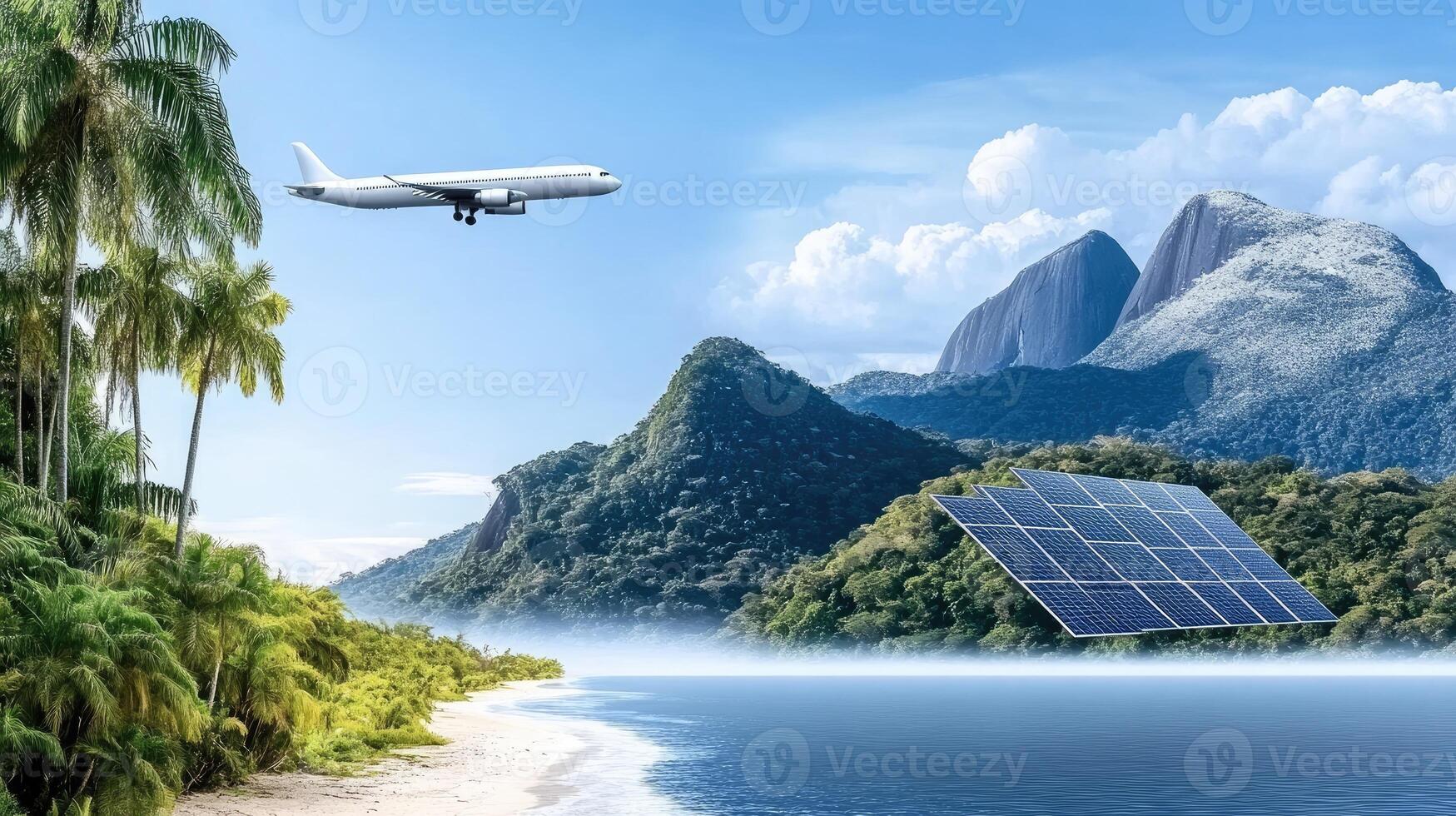 Solar panels on the beach and a plane flying over the ocean photo