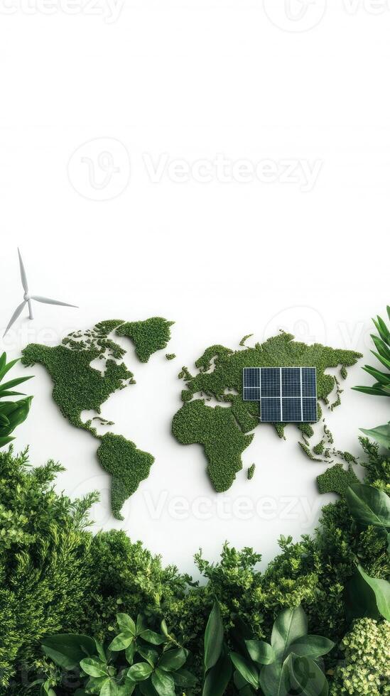 Solar energy and wind turbines in the world map photo