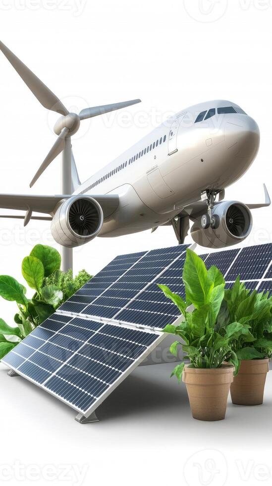 Solar panels and airplane on white background photo