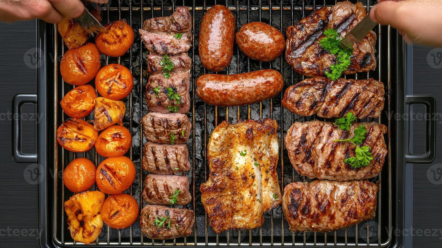 Grilled meat and vegetables on a grill photo
