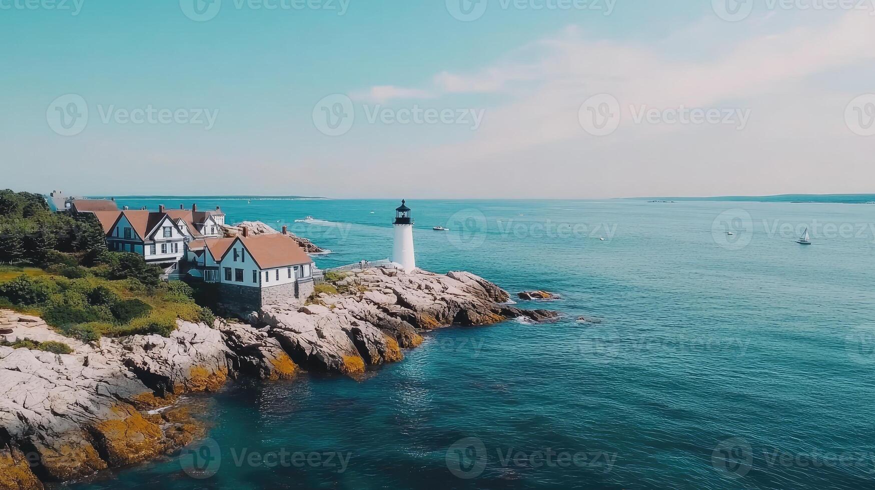 A lighthouse sits on a rocky shoreline next to a body of water photo
