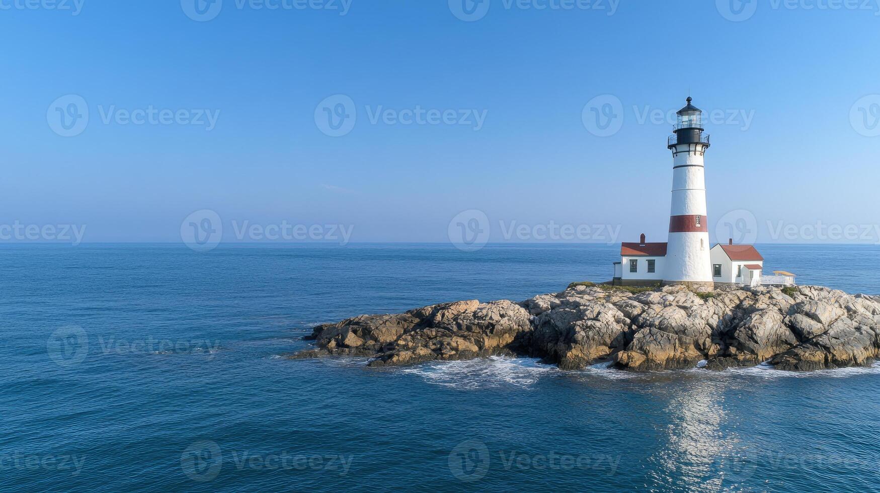 A lighthouse on a rocky island in the ocean photo