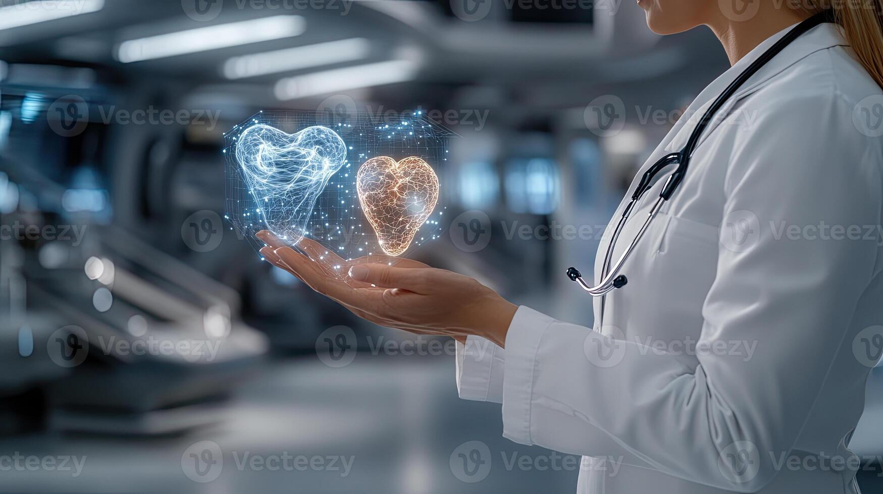 A woman in a white coat holding a heart and a heart shaped device photo