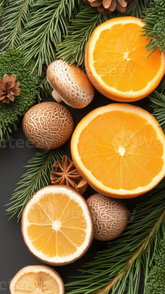 Christmas background with oranges, pine cones and fir branches photo