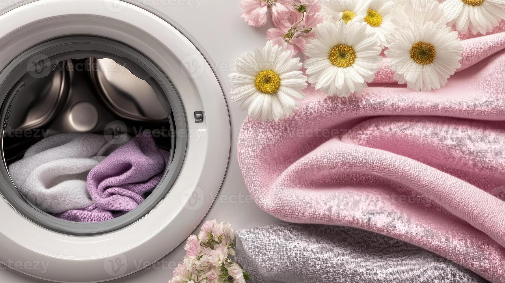 A washing machine with pink and white cloths photo