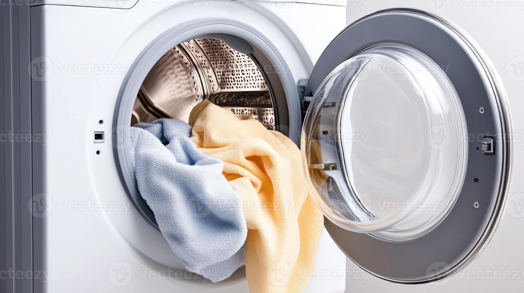 A washing machine with a yellow towel inside photo