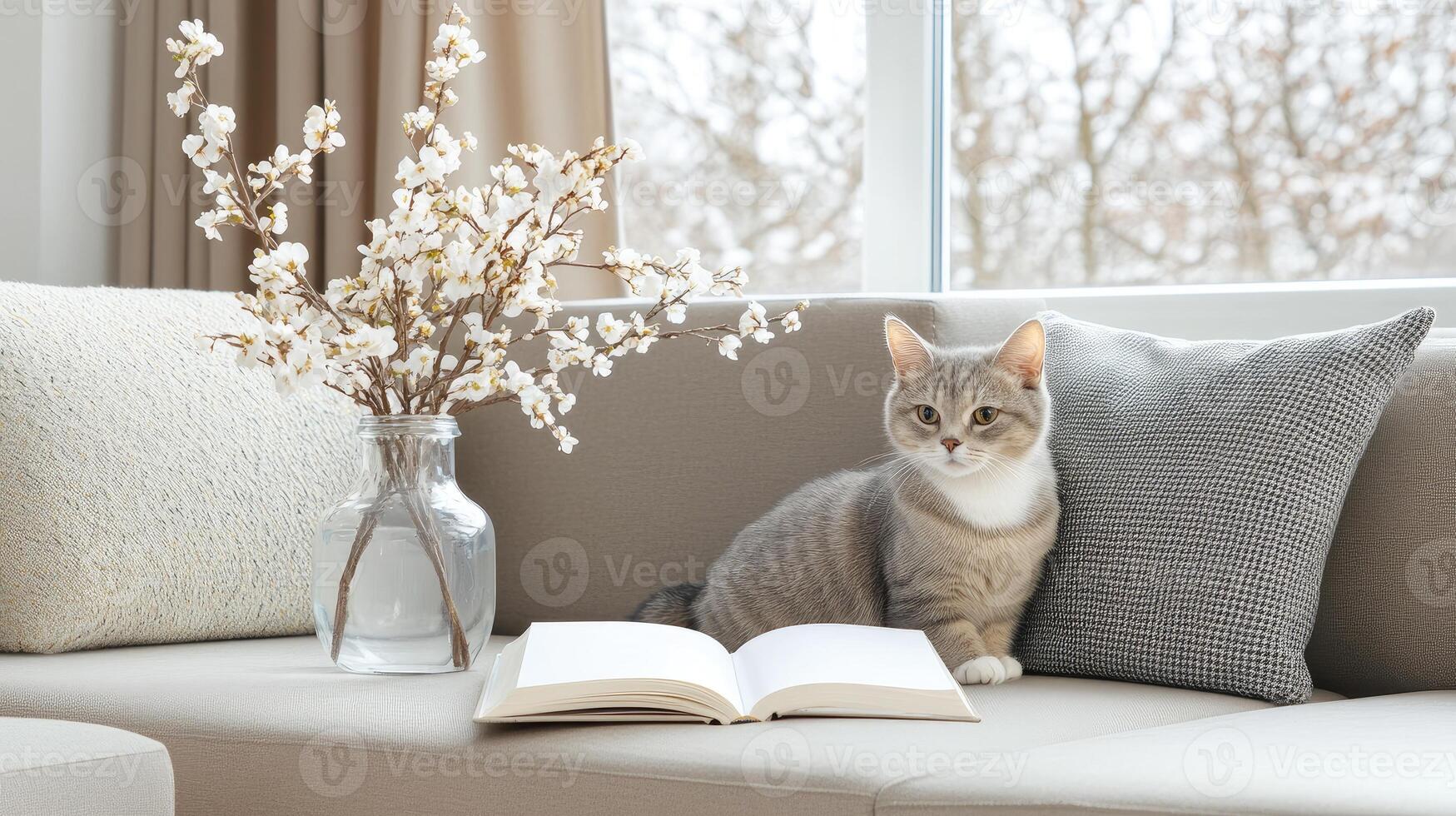A cat sitting on a couch with a book photo