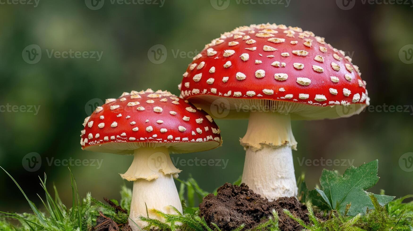 Two red mushrooms with white spots on top photo