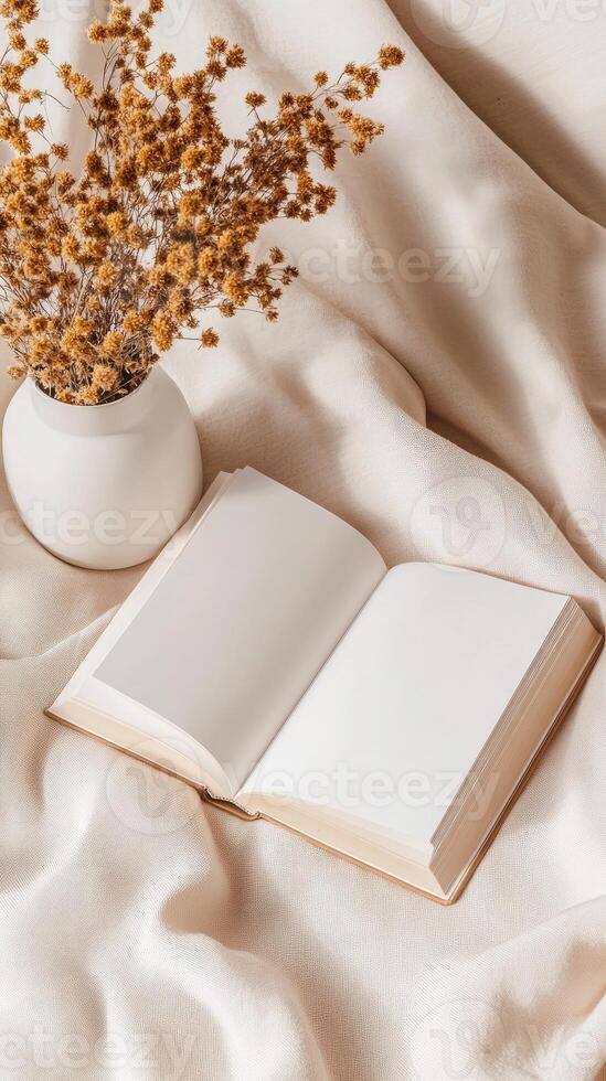 An open book and a vase of dried flowers on a bed photo