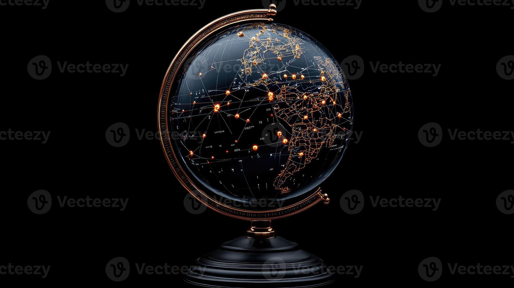 A black and gold globe with a network of lights photo