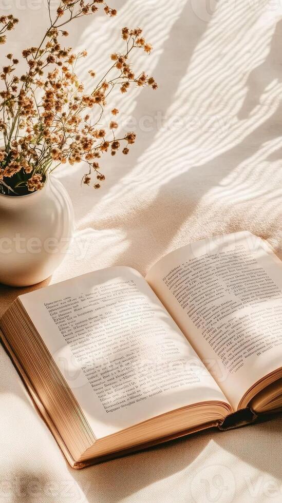 An open book and a vase of dried flowers on a white table photo