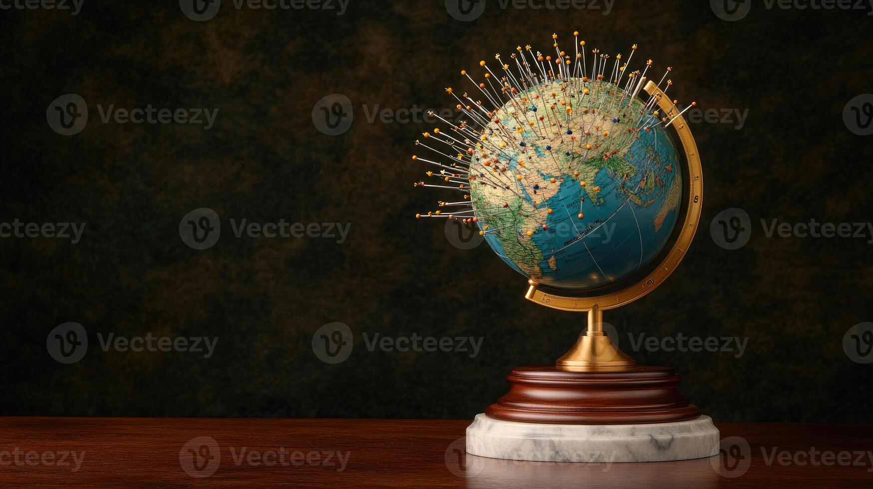 A globe with pins on it sitting on top of a wooden stand photo