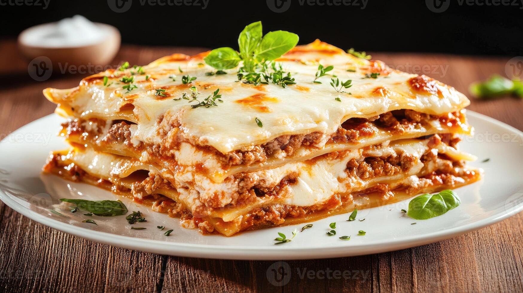 A stack of lasagna on a white plate photo