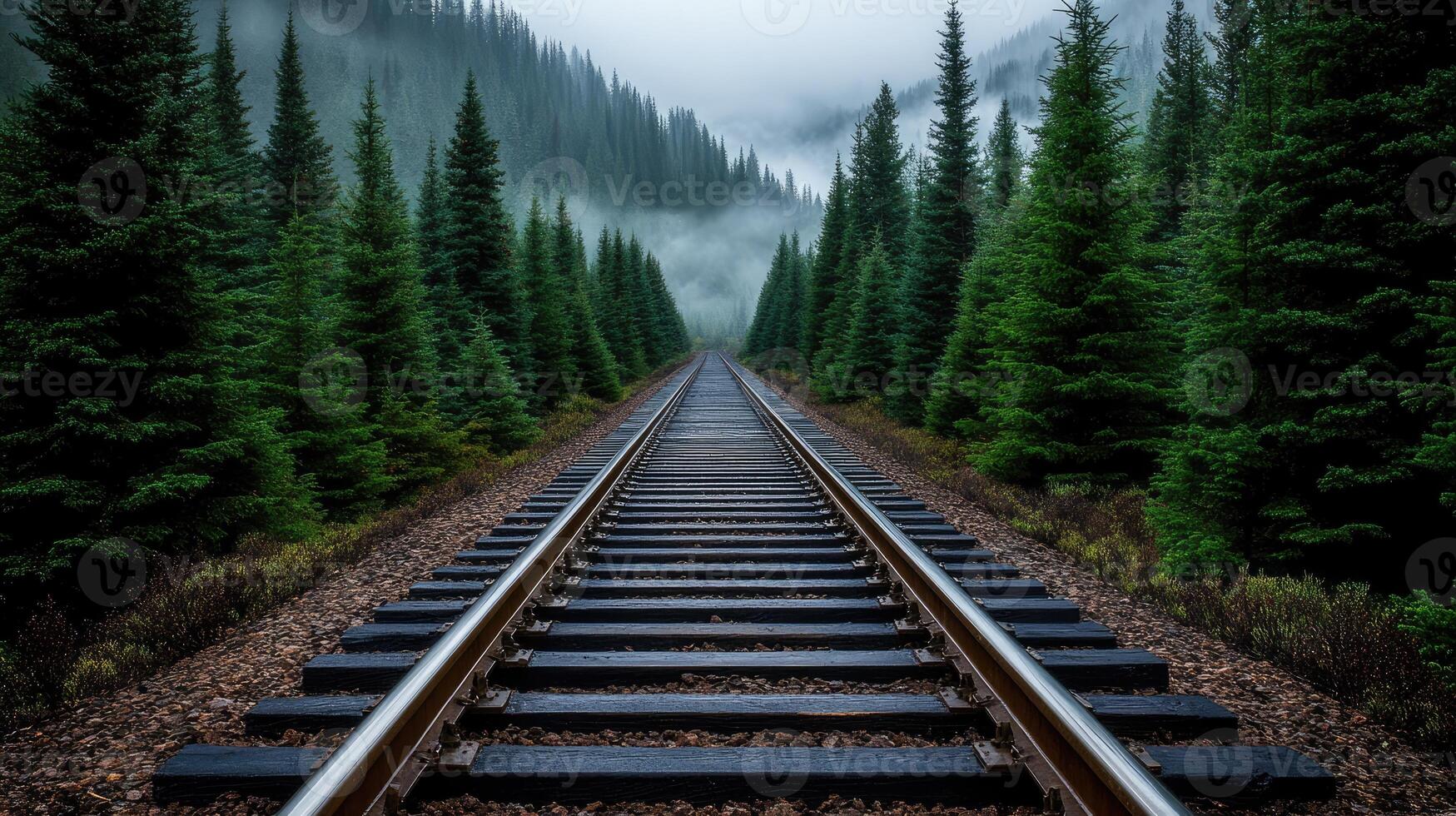 A train track in the middle of a forest photo